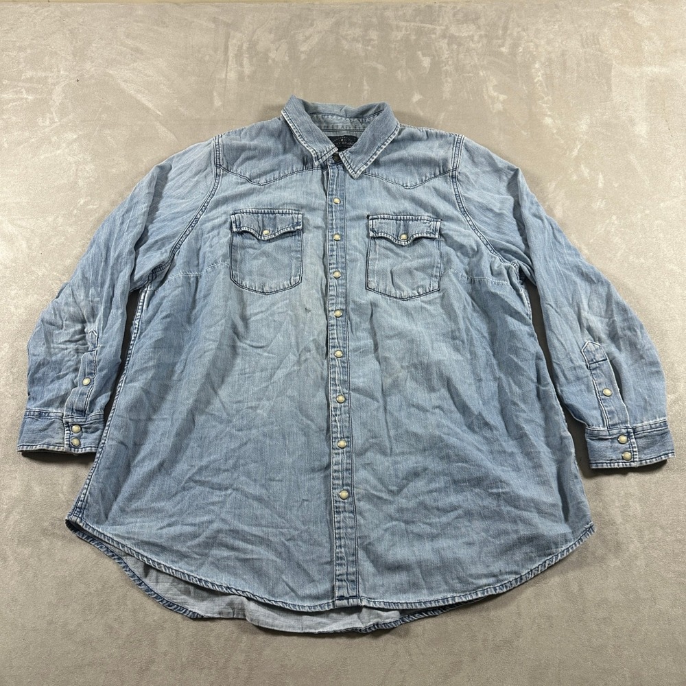 Lucky Brand Denim Western Shirt Mens Pearl Snap Light Wash L Blue